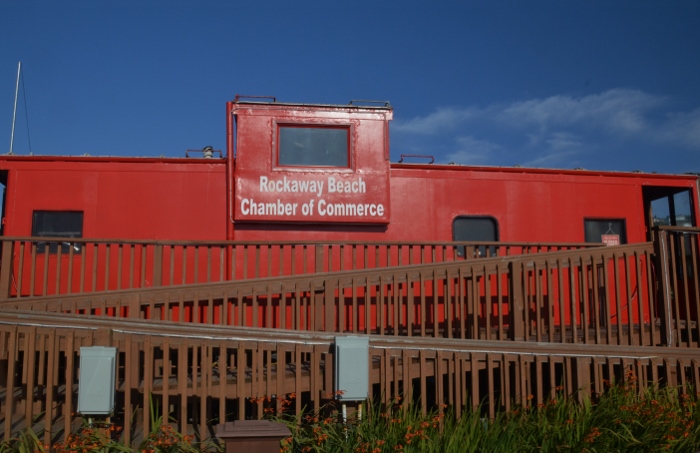 Rockaway Beach Visitor Center is a bright red caboose